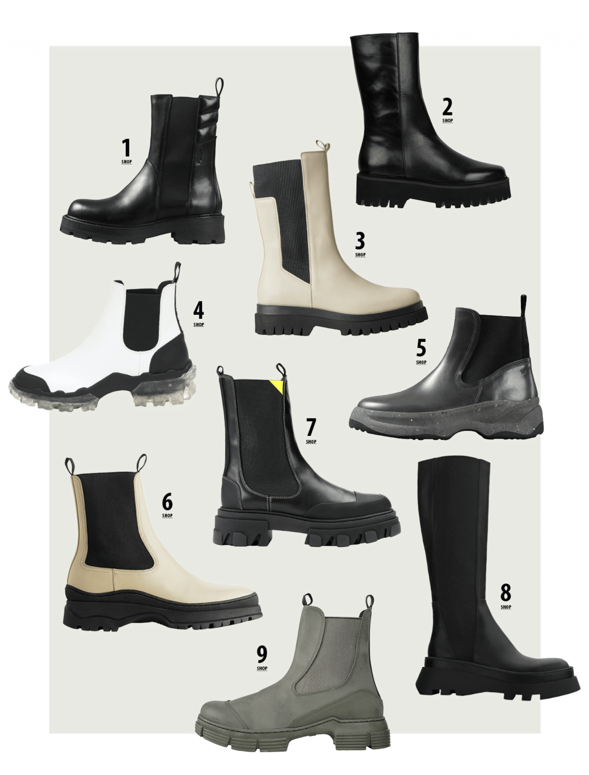 Boots: Vagabond, Dorothee Schumacher, Moncler, Cos, Arket, Ganni, Zara